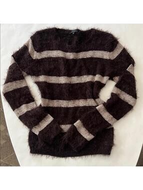 QED London Brown Tan Stripe Eyelash Fuzzy Stretchy Sweater Top Small